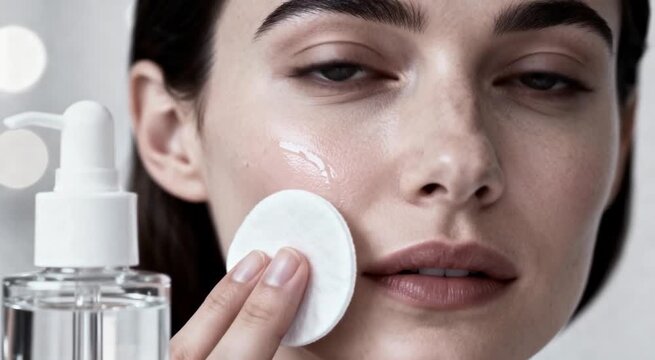 Mujer se Aplica tónico facial con un disco de algodón