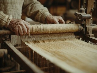 Artisan hand-weaving hemp textile on a traditional loom, focused process shot, warm earthy tones