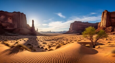 Monument valley golden hour sunlight illuminating majestic rock formations and desert landscape