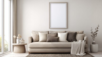 Fototapeta premium interior design of modern living room with beige fabric sofa and cushions. White wall with frame and space for text, living, furniture