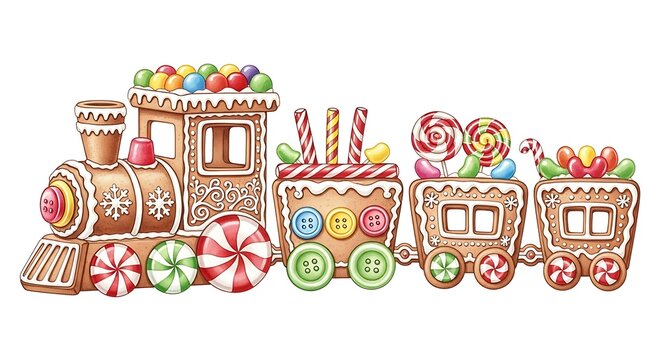 Whimsical gingerbread train decorated with colorful candies and frosting
