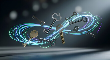 Unlock your potential with a collection of vintage and modern keys swirling in vibrant, dynamic light trails symbolizing innovation and opportunity.