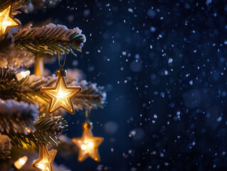 Christmas Tree Detail with Golden Star Decorations and Falling Snow