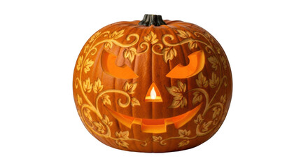 Obraz premium Carved halloween pumpkin with intricate vine pattern isolated on transparent background