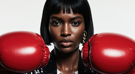 Close-up portrait of powerful Black woman wearing red boxing gloves against a white studio background.