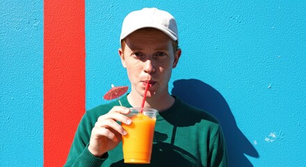 Young man in cap drinking an orange smoothie against a bright blue and red color-block wall.
