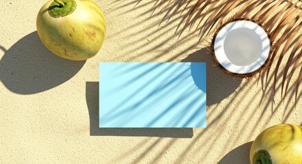 Blank light blue card mockup on sand with tropical coconuts and palm leaf shadows, top view summer vacation background