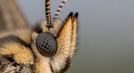 Extreme macro photography captures intricate details of a moth's compound eye and antennae