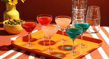 Six colorful retro cocktails served on an orange tray with olives and striped tablecloth