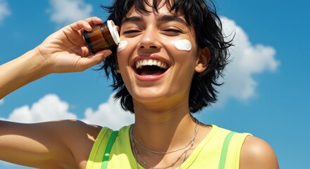Joyful young woman applying protective sunscreen cream to her cheek outdoors against a bright blue sky.