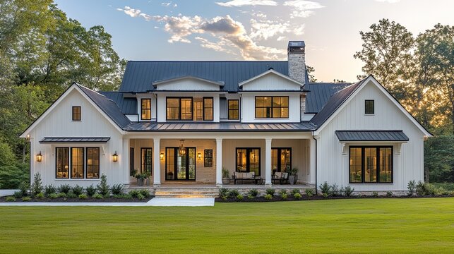 Modern farmhouse exterior with rustic architectural elements
