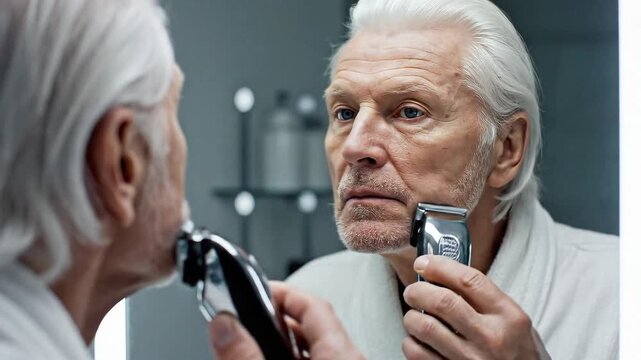 Un anciano con pelo blanco y ojos azules intensos rostro limpio afeitándose con una afeitadora eléctrica mientras se mira en el espejo