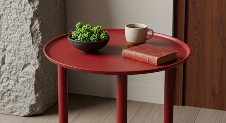Cozy minimalist living room setting with a red round side table holding a ceramic mug, old book, and decorative green berries.