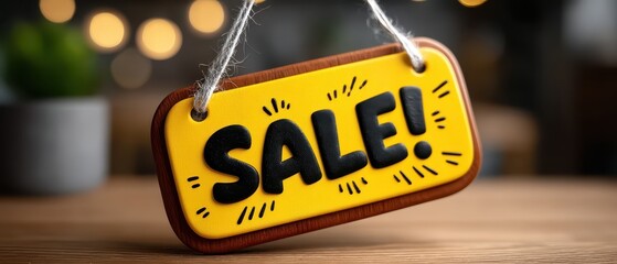 Bright yellow sale sign with bold black lettering hanging on wooden background, ideal for promotions and marketing campaigns in retail or online stores