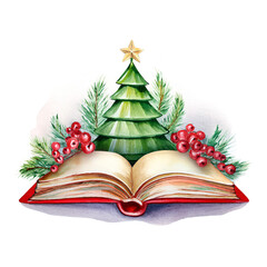 A magical open book with Christmas decor, xmas tree, fir branches and berries. Watercolor illustration on a white background. The spirit of the holidays through a xmas tale.