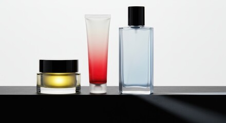 Three luxury cosmetic and fragrance product mockups displayed on a dark surface against a white studio background