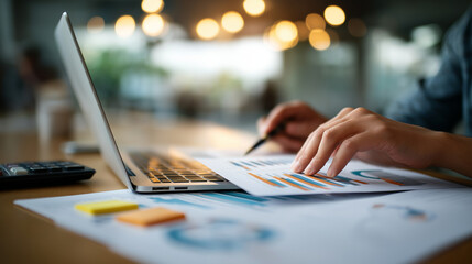 detail of hands flipping through printed financial charts next to a laptop calculator and sticky notes neatly aligned conference room backdrop defocused soft top down