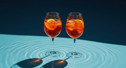 Two vibrant orange cocktails with ice and citrus slices creating dynamic water ripple patterns on a blue surface