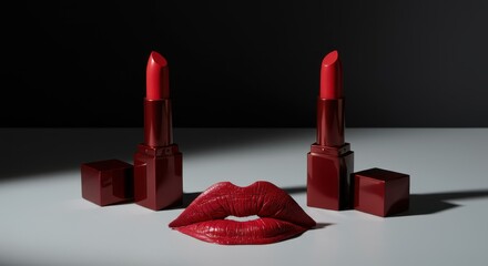 Two red luxury lipsticks displayed symmetrically with a sculpted pair of vibrant red lips on a gray surface with dramatic lighting.