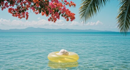 Yellow inflatable ring with a white baseball cap floating on clear tropical water framed by bougainvillea and palm leaves.