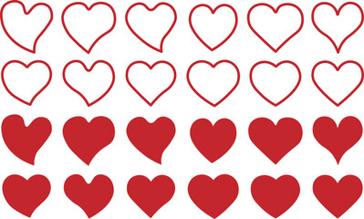 Red and black heart icons set. Vector isolated heart icon set in outline.Heart icon, red, black and outline heart icon, love icon. Different simple vector hearts and love.
