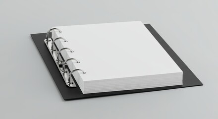 Open black four-ring binder mockup with thick stack of blank white pages resting on a clean gray background.
