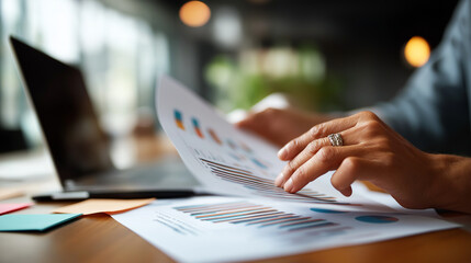 detail of hands flipping through printed financial charts next to a laptop calculator and sticky notes neatly aligned conference room backdrop defocused soft top down