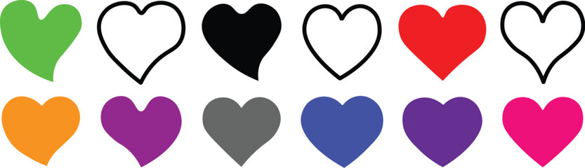 Red and black heart icons set. Vector isolated heart icon set in outline.Heart icon, red, black and outline heart icon, love icon. Different simple vector hearts and love.
