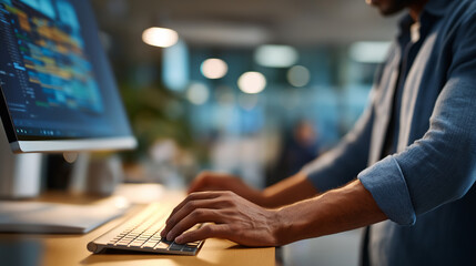 rear view of a professional at a standing desk hands on wireless keyboard ultrawide monitor showing abstract grid blurred beyond recognition open office background