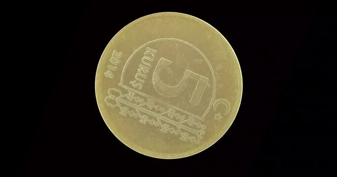 Reverse of Turkey coin 5 kurus 2014, isolated in black background. Loopable animation in 4k resolution video