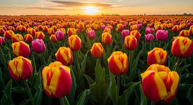 Vibrant red and yellow tulips stretch across a picturesque field bathed in the golden light of a stunning sunset, celebrating the beauty of spring.