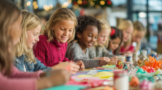 Children Making Holiday Crafts Together in Classroom