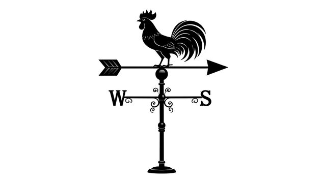Black metal rooster weather vane with arrow and compass directions