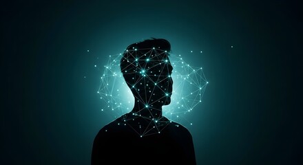Silhouette of a man with glowing digital network over his head symbolizing artificial intelligence, innovation, and futuristic concepts.