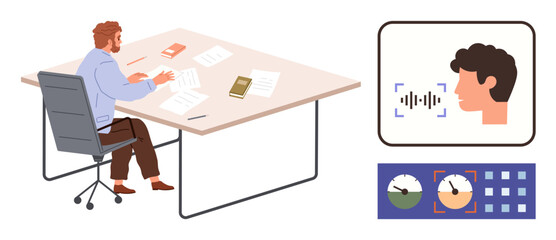 Man working at desk with documents, books, digital screen showing facial recognition and dashboard. Ideal for technology, security, productivity, data analytics, workplace efficiency, biometrics