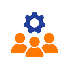 People group icon with gears for teamwork. Solid vector icon.
