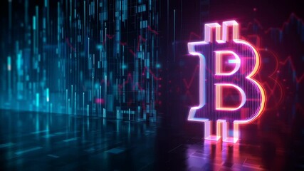 Bitcoin symbol in neon hues against a cyber-inspired digital matrix - Powered by Adobe