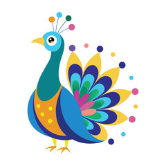 Fototapeta premium Whimsical cartoon peacock with vibrant colorful feathers and playful dots on a clean white background
