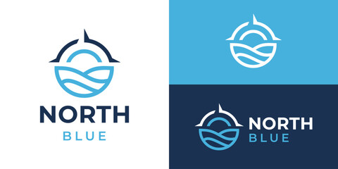 Creative simple north blue logo template. Compass with ocean wave sea logo design vector illustration. © Hi_std