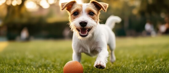Happy Energetic Dog Running with Orange Ball on Green Grass