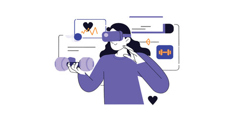 Virtual Reality Fitness Woman Exercising with VR Headset and Dumbbells