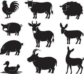 Fototapeta premium Farm Animals Silhouettes Vector Illustration Set