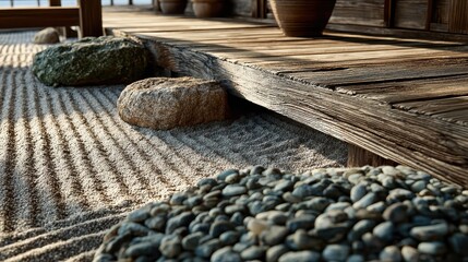 Japanese Zen Garden Pebbles and Raked Gravel on Wooden Deck with Pots
