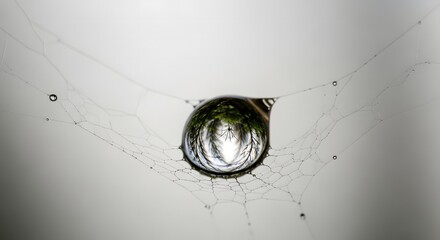 Close-up view of a single water droplet on a textured surface showing reflections and light refraction