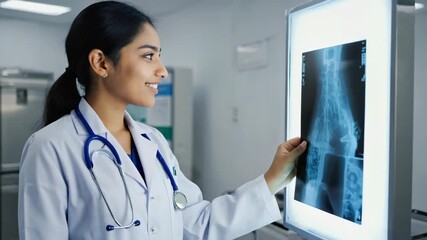female doctor examining x-ray image, medical professional in white coat with stethoscope, bright hospital interior, confident healthcare worker smiling while analyzing radiology scan - Powered by Adobe