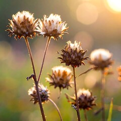 Dried flowers backlit by warm sunlight, soft bokeh background