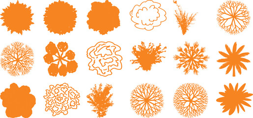Collection of Orange Top-View Tree Silhouettes and Icons © Monoyar