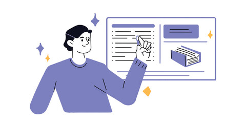 Conceptual Illustration of a Man Accessing Online Learning Resources and Digital Content on a Virtual Platform