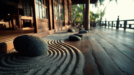 Zen Pebble Garden On Weathered Wooden Deck By The Sea At Sunset