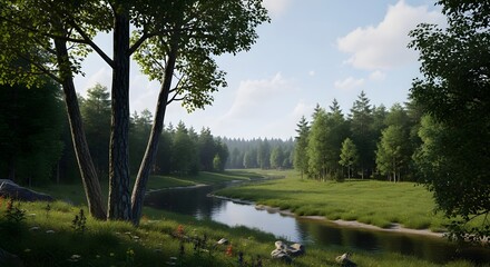 Tranquil forest stream flowing through lush green meadows under a bright sky